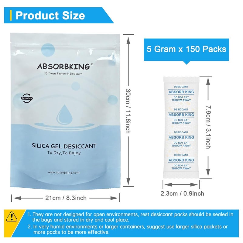Absorbking Silica Gel Packs – 150 Packs 5 Gram Desiccant Packs, Moisture Absorbers for Food Storage with Color Indicating, Premium Food Grade Silica Packets for Spices, Jewelry, Shoes, Electronics - Image 2